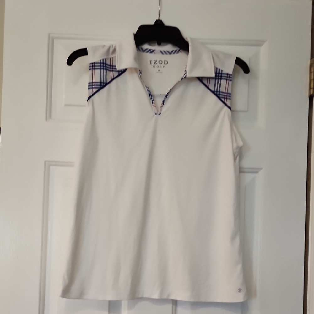 Izod Women's White Sleeveless Top with Blue Plaid Accents